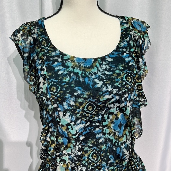 Apt. 9 Blue, Green, Black and Olive Print Ruffle Peplum Blouse - PXS - Picture 3 of 11